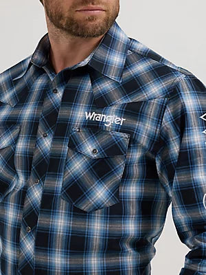 WRANGLER Men's Logo Long Sleeve Button Down Plaid Black Ocean