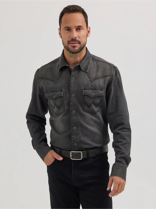 WRANGLER Men's Retro Premium Western Snap Solid Shirt Washed Black