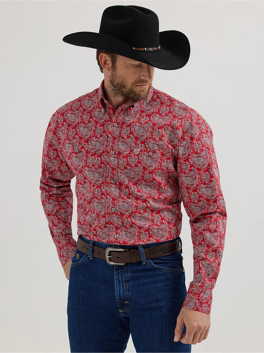 WRANGLER Men's George Strait Long Sleeve Button Down Two Pocket Shirt Red Paisely