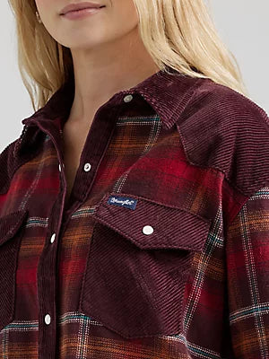 WRANGLER Women's Corduroy Flannel Contrast Western Snap Shirt