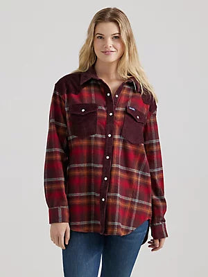 WRANGLER Women's Corduroy Flannel Contrast Western Snap Shirt