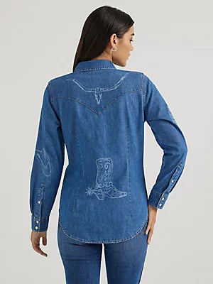 WRANGLER Women's Lasered Icons Cowboy Snap Shirt Medium Wash