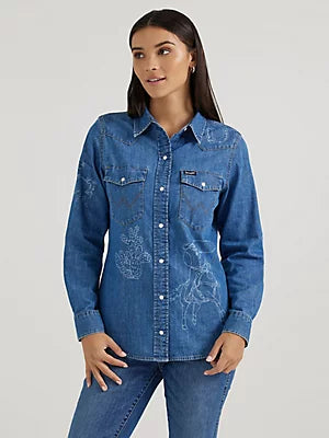 WRANGLER Women's Lasered Icons Cowboy Snap Shirt Medium Wash