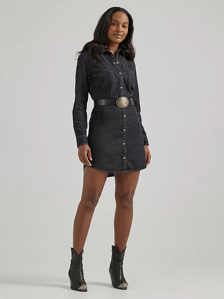 WRANGLER Women's Scallop Yoke Denim Western Snap Shirt Dress Black