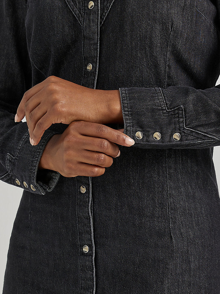 Wrangler Women's Scallop Yoke Denim Western Snap Shirt Dress Black XXL Wrangler Women's Scallop Yoke Denim Western Snap Shirt Dress Black XXL