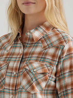 WRANGLER Women's Essential Long Sleeve Plaid Western Snap Top Pumpkin Moss