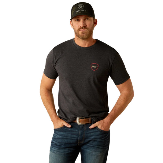 ARIAT MENS BARBED FLAG SS TSHIRT CHARCO HEATHER