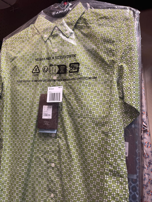 ARIAT SHIRT MENS GREEN  SHOR SLEEVES  TOBY SS