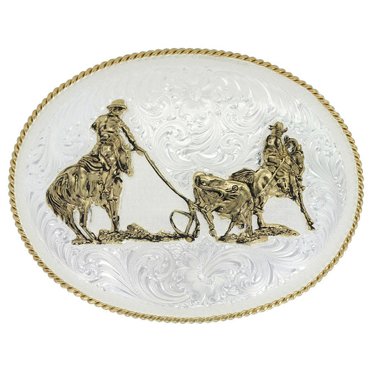Large Silver Engraved Western Belt Buckle with Team Ropers