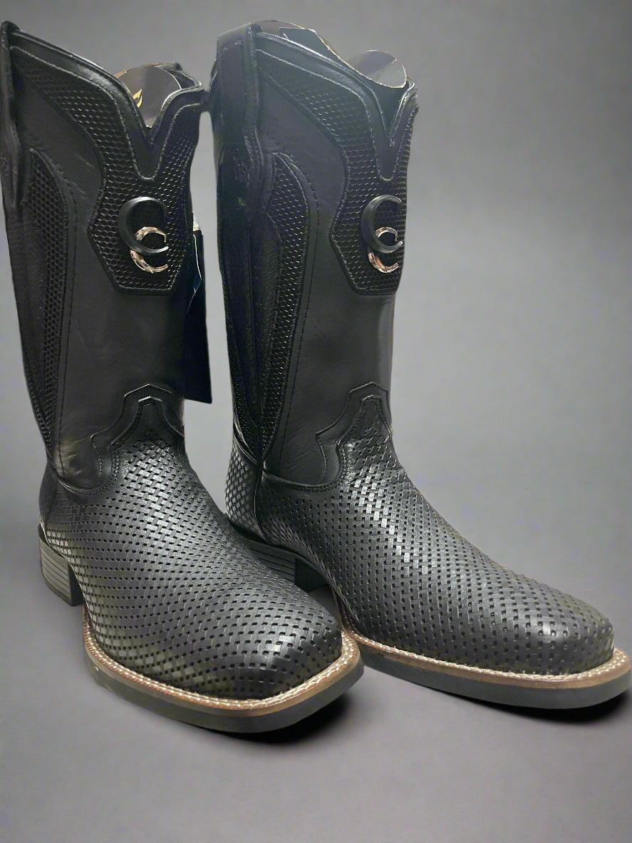 CUADRA MENS BOOTS GREY OXFORD BLACK LASER & EMBROIDERY & STUDS SQUARE