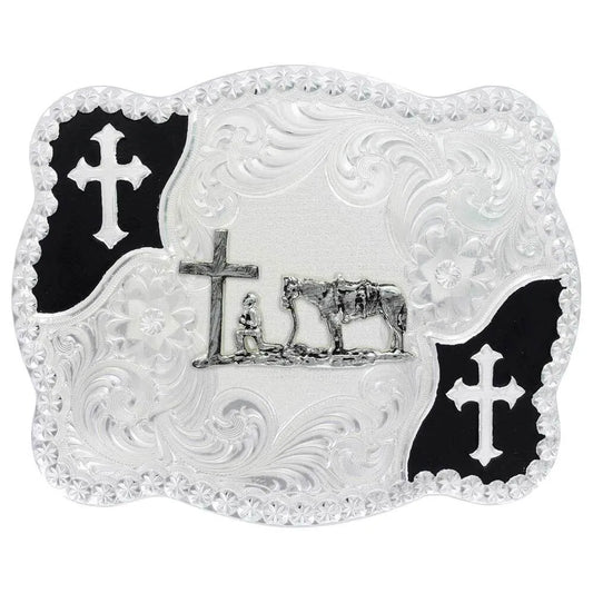 Montana Christian Flourish Scallop Shape Belt Buckle with Christian Cowboy