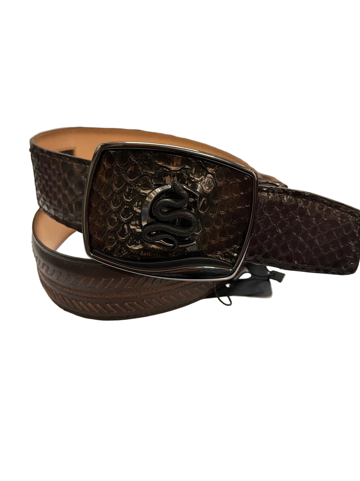 Cuadra Men's Python Over Brown Laser and Embroidered Belt