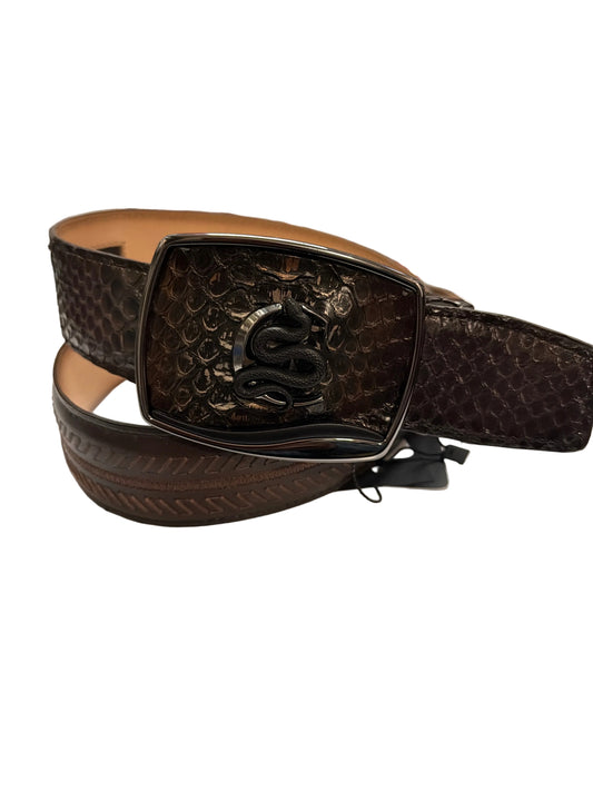 Cuadra Men's Python Over Brown Laser and Embroidered Belt