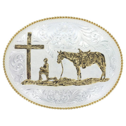 Montana Silver Engraved Western Belt Buckle with Christian Cowboy