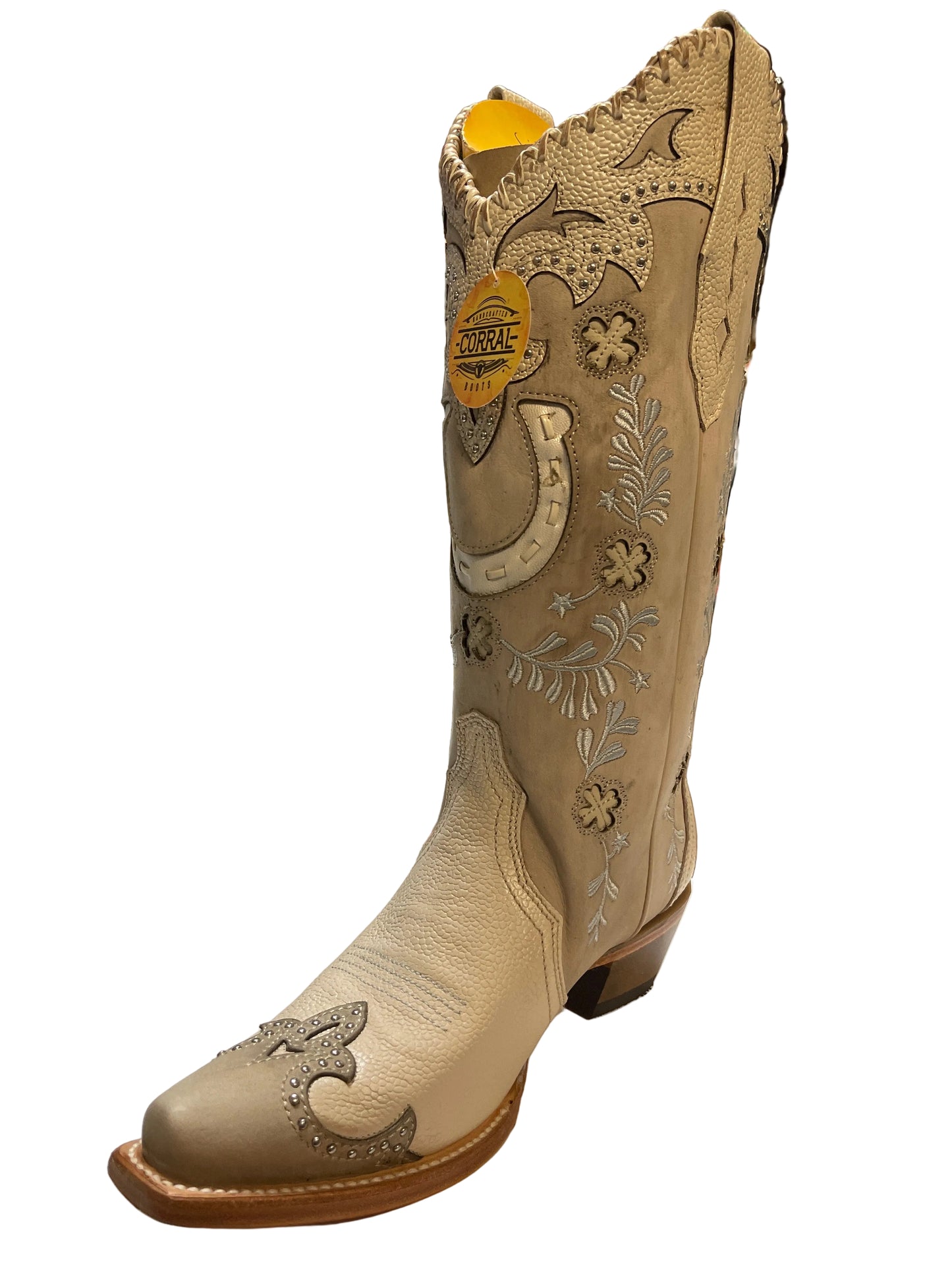 CORRAL WOMEN'S BONE OVERLAY EMBROIDERY STUDS HANDWOVEN SNIP TOE COWBOY BOOT