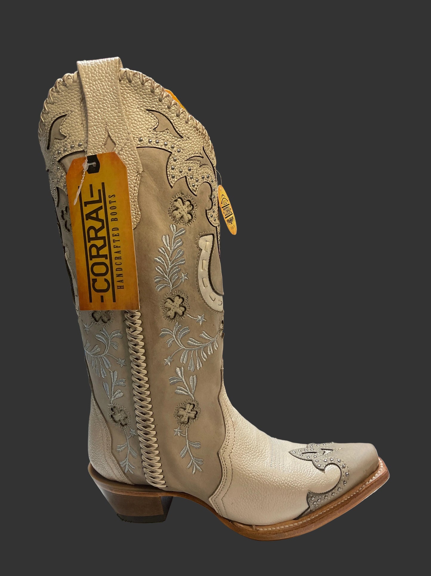 CORRAL WOMEN'S BONE OVERLAY EMBROIDERY STUDS HANDWOVEN SNIP TOE COWBOY BOOT