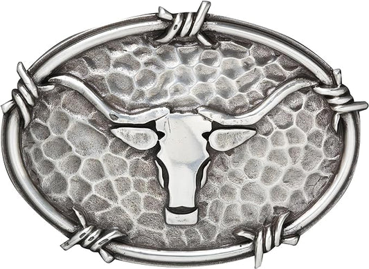 Western Belt Buckle Mens Steer Head Oval Barbwire Silver A37050