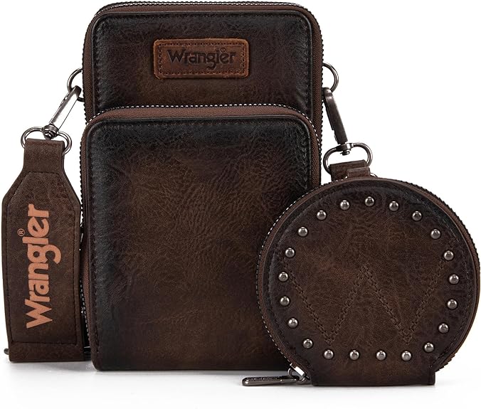 Wrangler Crossbody Cell Phone Purse 3 Zippered Compartment With Coin Pouch Brown