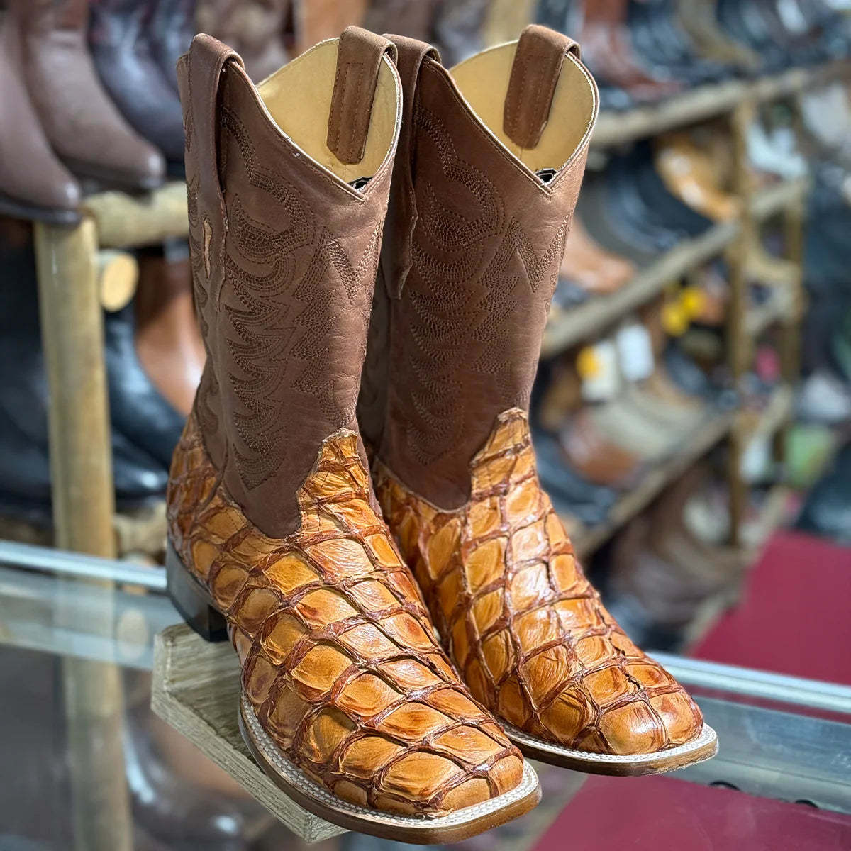 Los Altos  Cognac Pirarucu Square Toe Boots