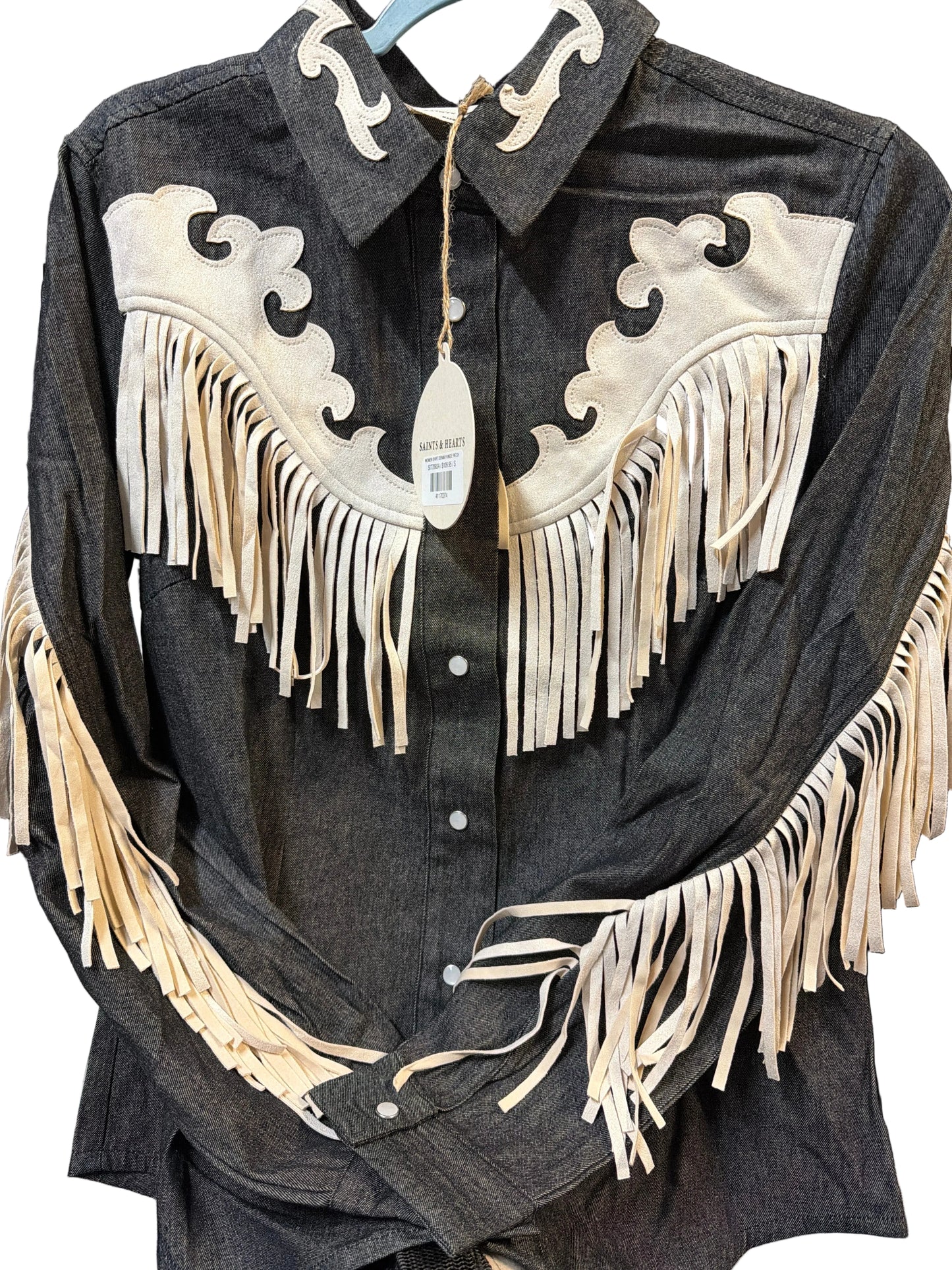 WOMEN SHIRT DENIM FRINGE PATCH