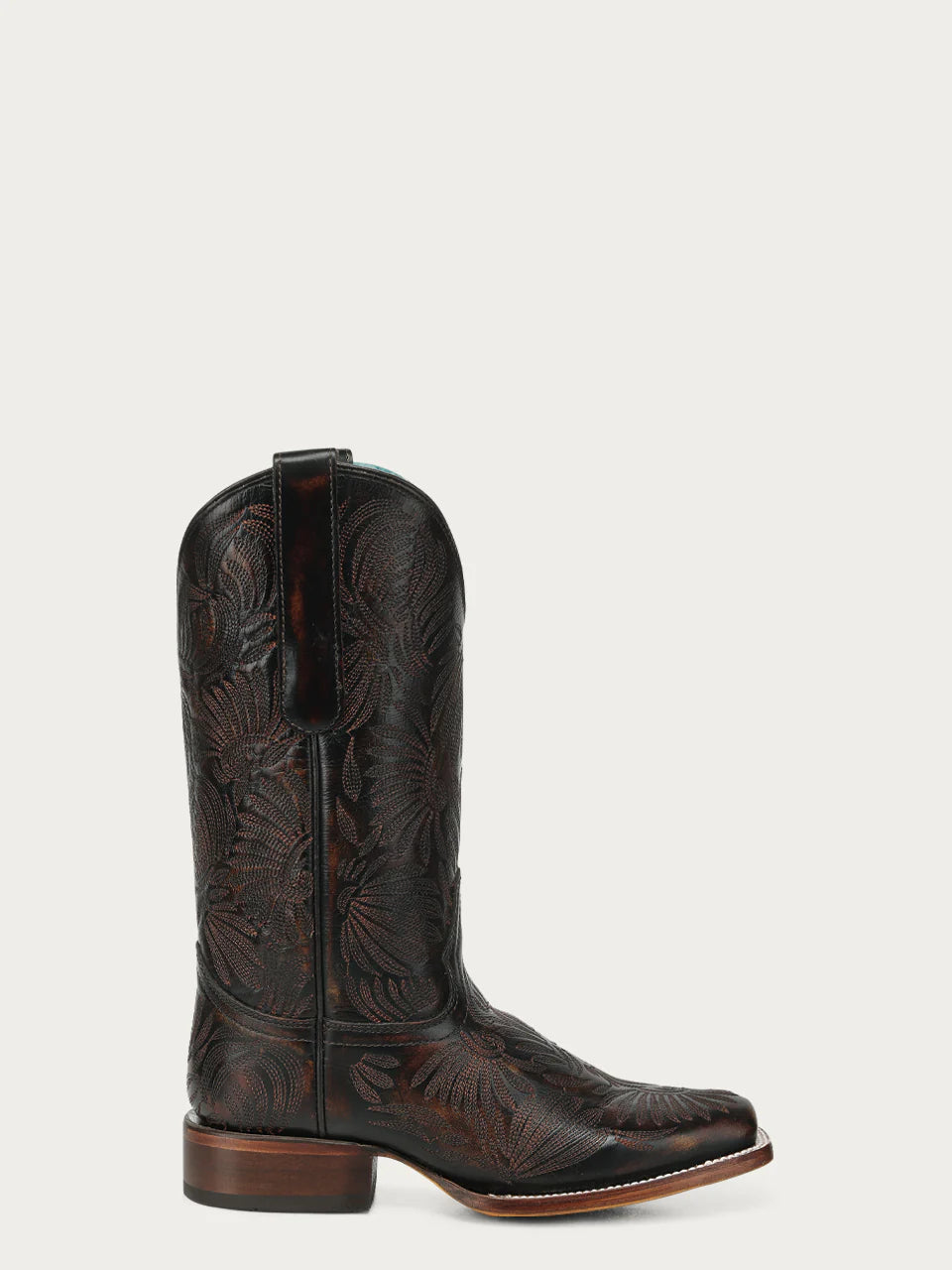 WOMEN'S BLACK  FLORAL PETAL EMBROIDERY SQUARE TOE COWBOY BOOTS