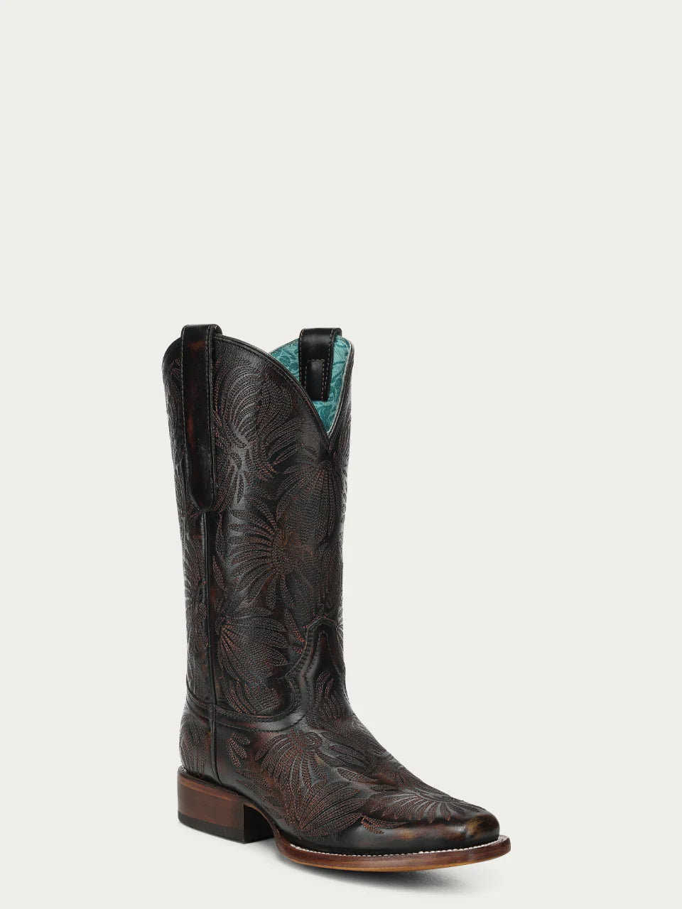 WOMEN'S BLACK  FLORAL PETAL EMBROIDERY SQUARE TOE COWBOY BOOTS