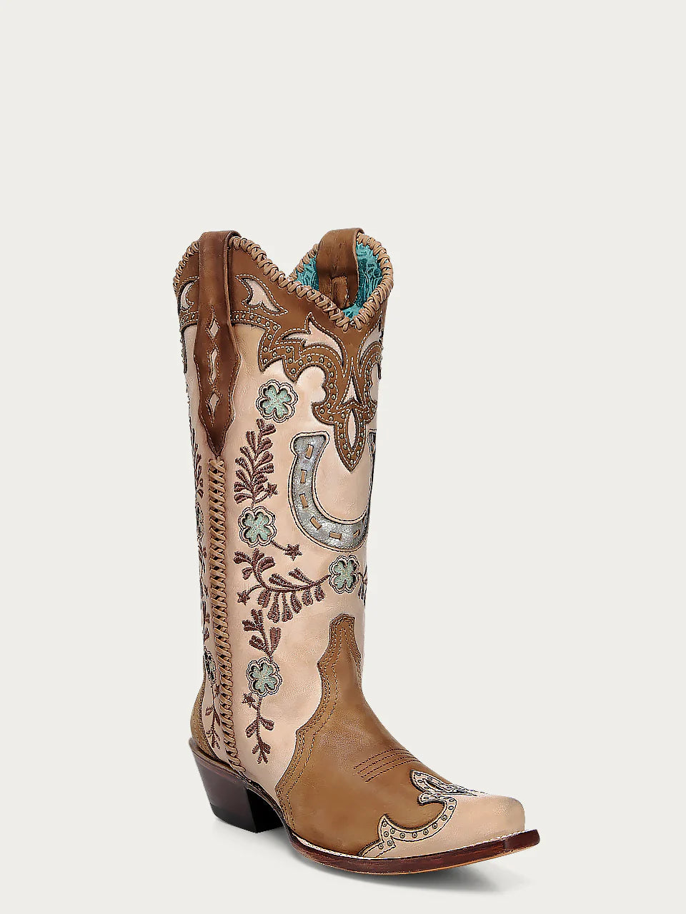 CORRAL WOMEN'S BONE OVERLAY EMBROIDERY STUDS HANDWOVEN SNIP TOE COWBOY BOOT