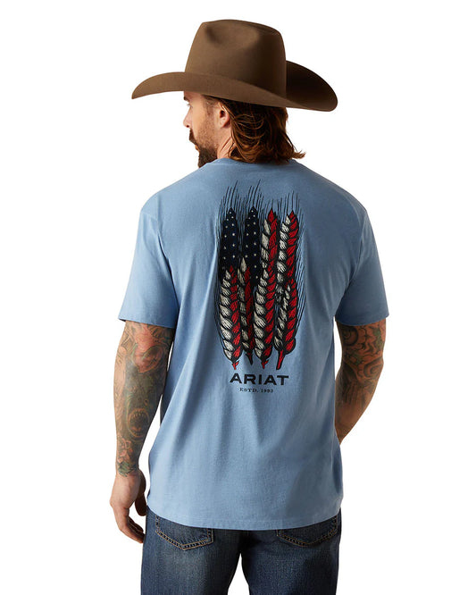 MENS ARIAT TSHIRT SS WHEAT FLAG LIGHT BLUE HEATHER 10047894