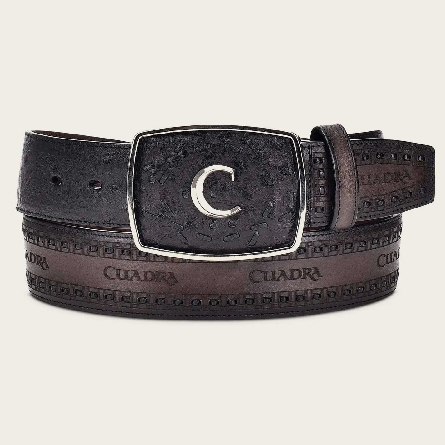 Engraved black ostrich leather western belt