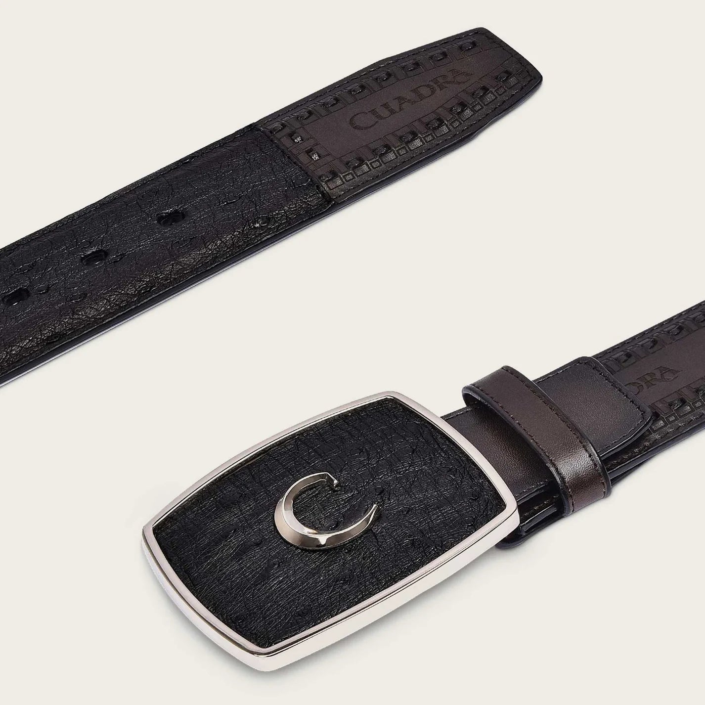 Engraved black ostrich leather western belt