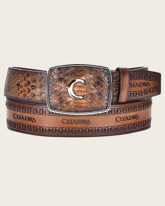 Cuadra Men's Python Over Brown Laser and Embroidered Belt