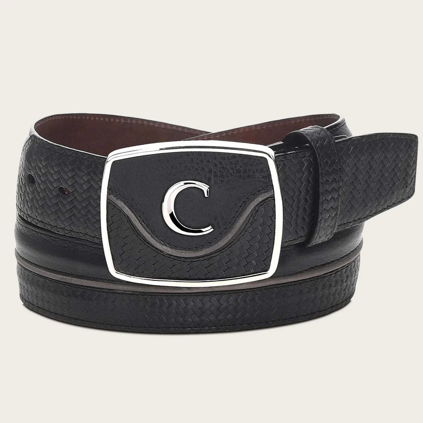 Engraved black leather western belt