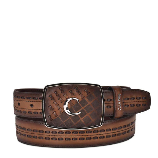 CUADRA Men's Laser & Woven Maple Crust Honey Leather Belt