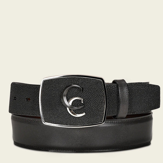 Men’s Black Stingray Leather Western Belt with Cuadra Monogram Buckle