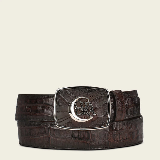 Engraved dark brown high exotic leather western belt with Cuadra monogram