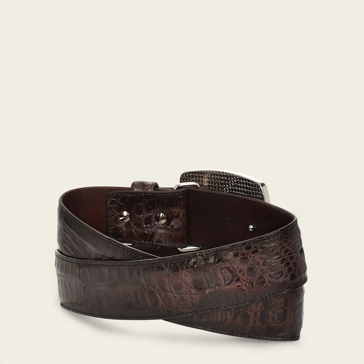 Engraved dark brown high exotic leather western belt with Cuadra monogram