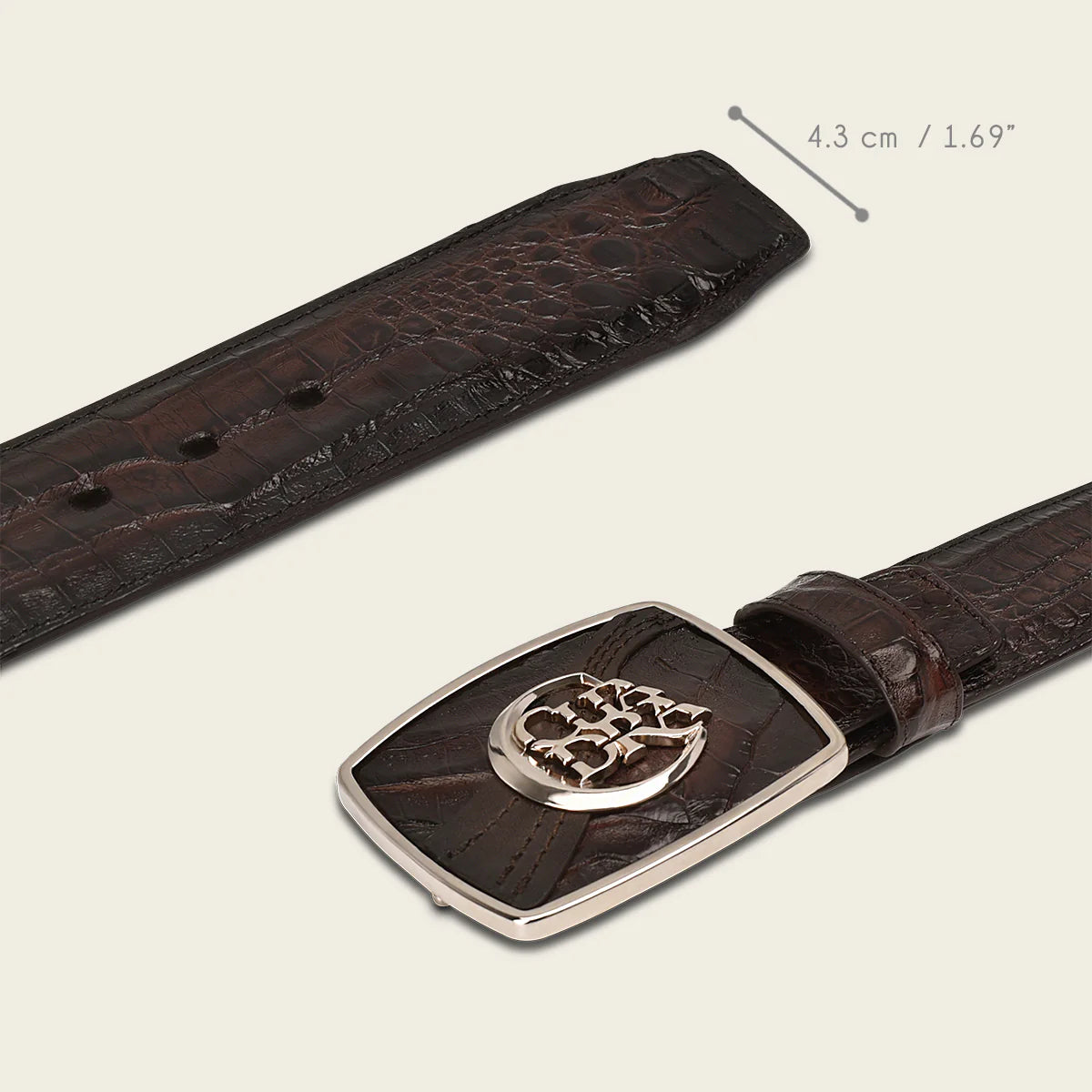 Engraved dark brown high exotic leather western belt with Cuadra monogram