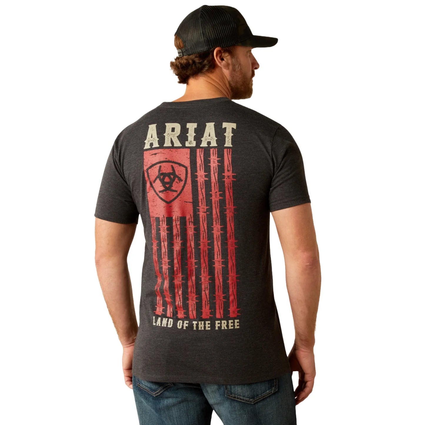 ARIAT MENS BARBED FLAG SS TSHIRT CHARCO HEATHER