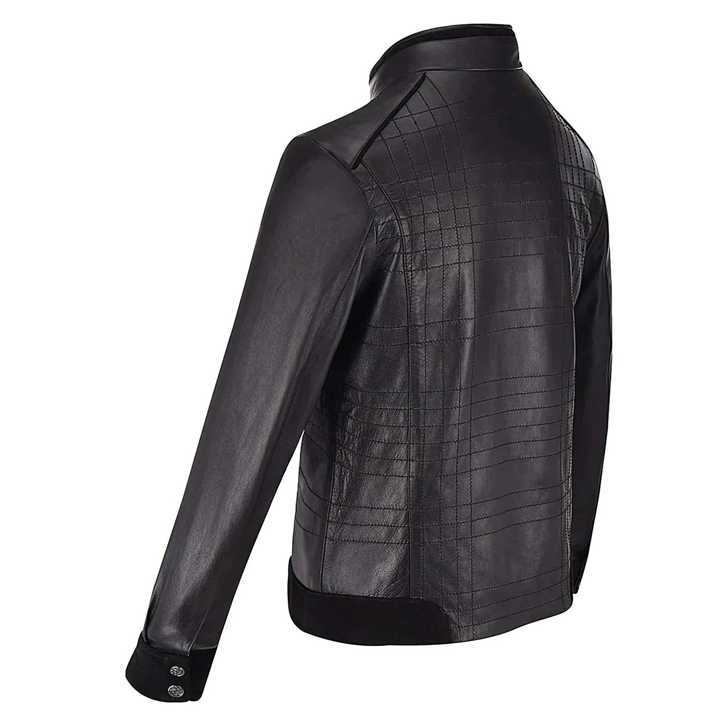 Mandarin neck black leather jacket