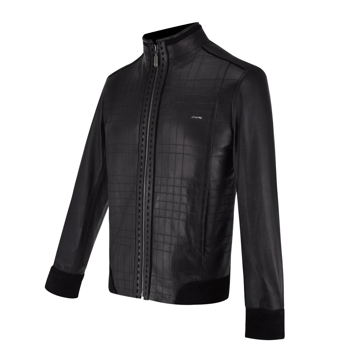 Mandarin neck black leather jacket