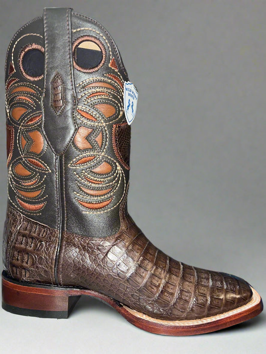 WILD WEST Men's Brown Caiman Belly Square Toe Boot