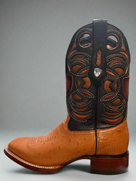 WILD WEST Men's Smooth Honey Ostrich Square Toe Boots