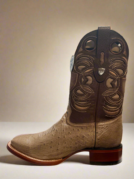 WILD WEST Men's Smooth Mocha Ostrich Square Toe Boots