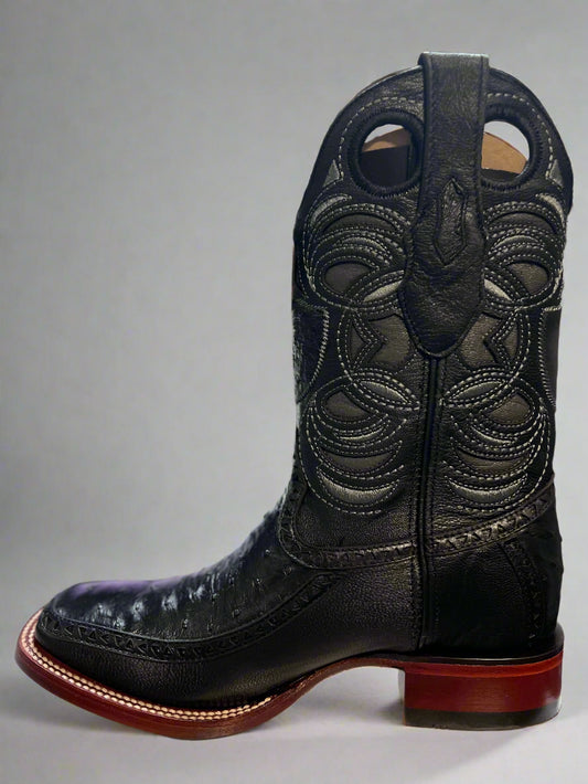 WILD WEST Men's Square Toe Black Ostrich Belly Boots