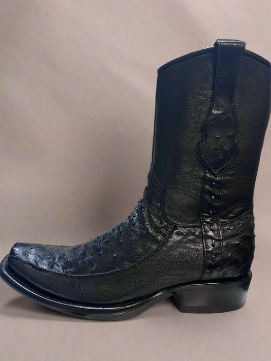 KING EXOTIC Men's Black Half Ostrich Snip Toe Zipper Boot