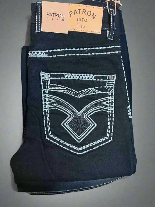 PATRONCITO Men's Denim Bootcut Embroidery Black Jeans