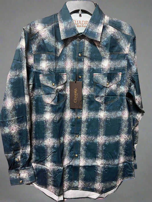 CUADRA Men's Blue Print Snap Button Long Sleeve Shirt
