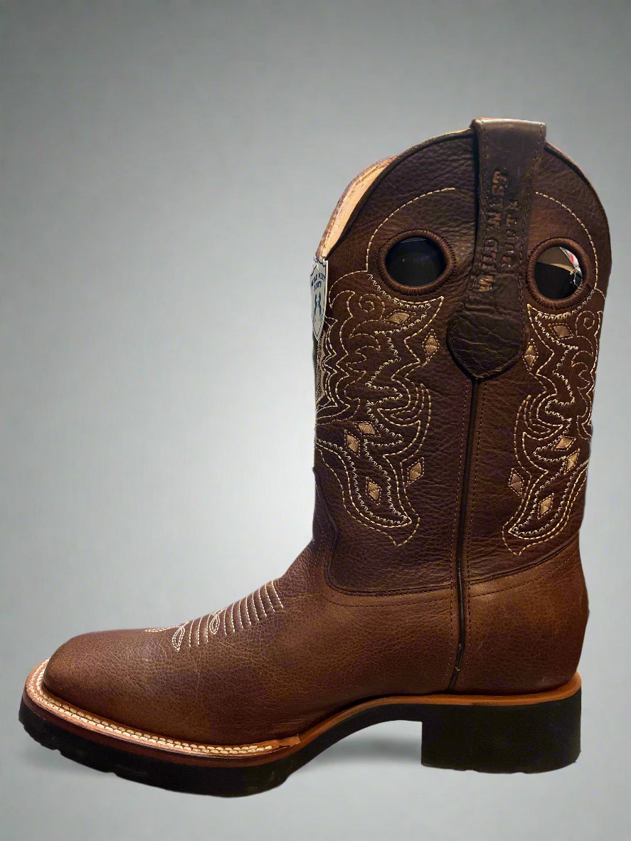 WILD WEST Men's Square Toe Brown Leather Rubber Sole Boot