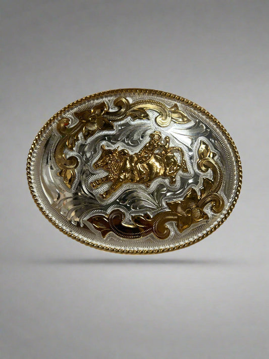 Men's Bull Rider German Silver Oval Buckle with Floral Scrolls