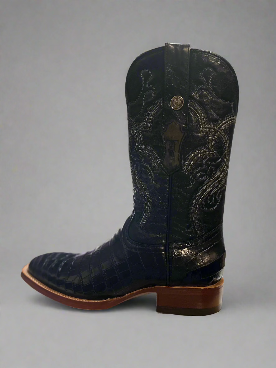 TANNER MARK Men's Smooth Black Lizard Belly Square Toe Boots